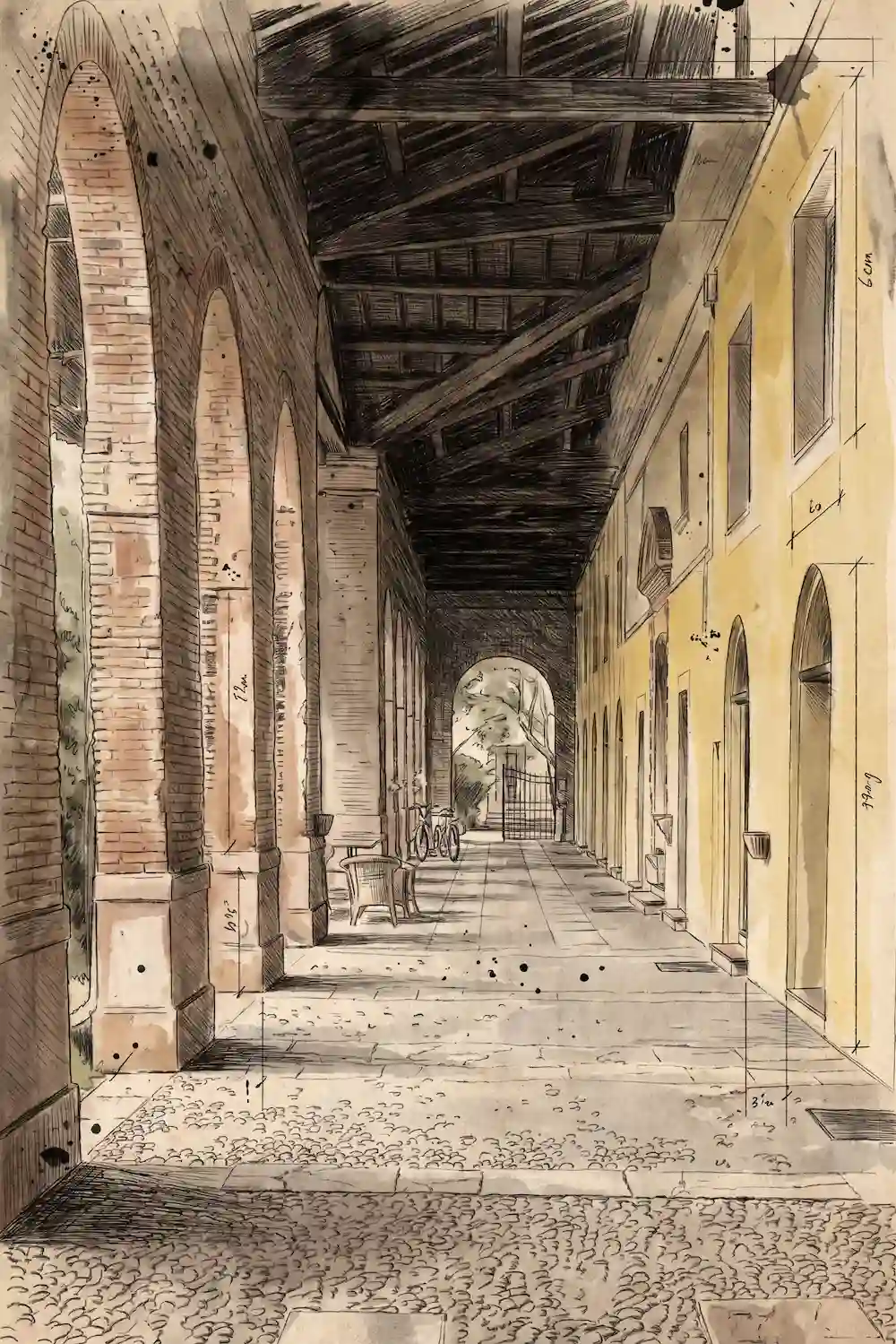 Il portico della barchessa di una villa veneta, le arcate in mattoni e il soffitto a travi
